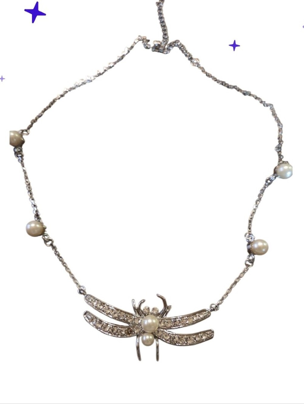 Vtg Silver-tone Dragonfly Pearl Pendant Necklace
